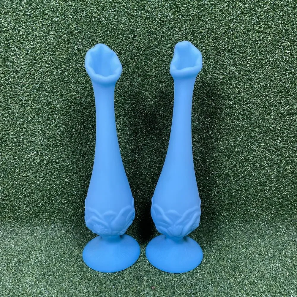 Pair Vintage Fenton Blue Satin Glass Water Lily Bud Vases 10” Ruffled MCM